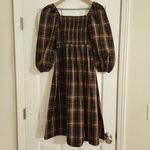 J Crew Smocked Puff-Sleeve  Midi Dress in Brown Friday Plaid, Small - Picture 3 of 11
